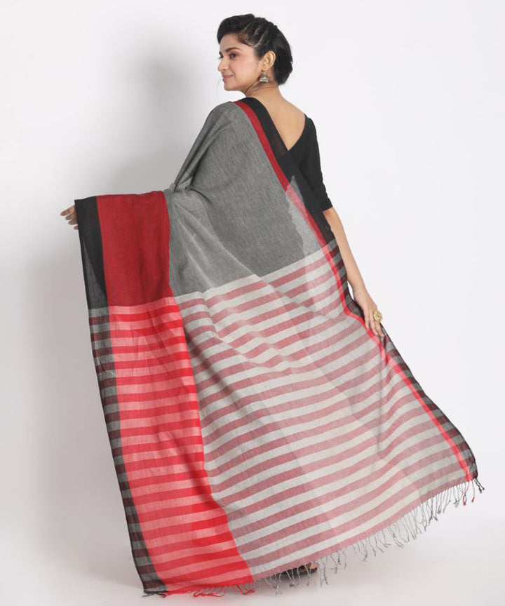 Grey Red Handloom Cotton bengal Saree