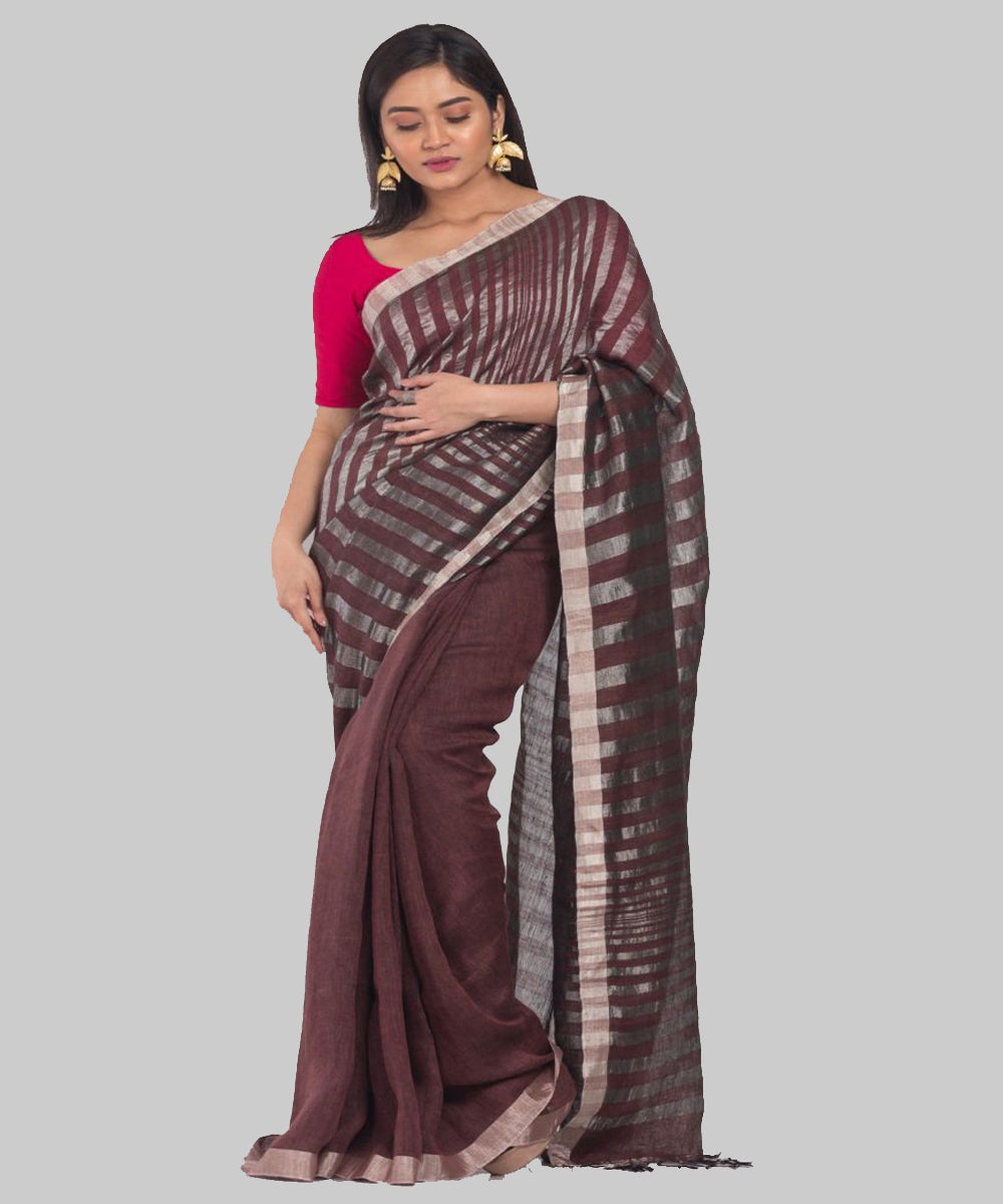 Brown silver handloom bengal linen saree