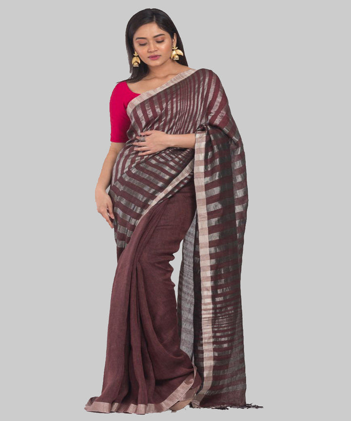 Brown silver handloom bengal linen saree