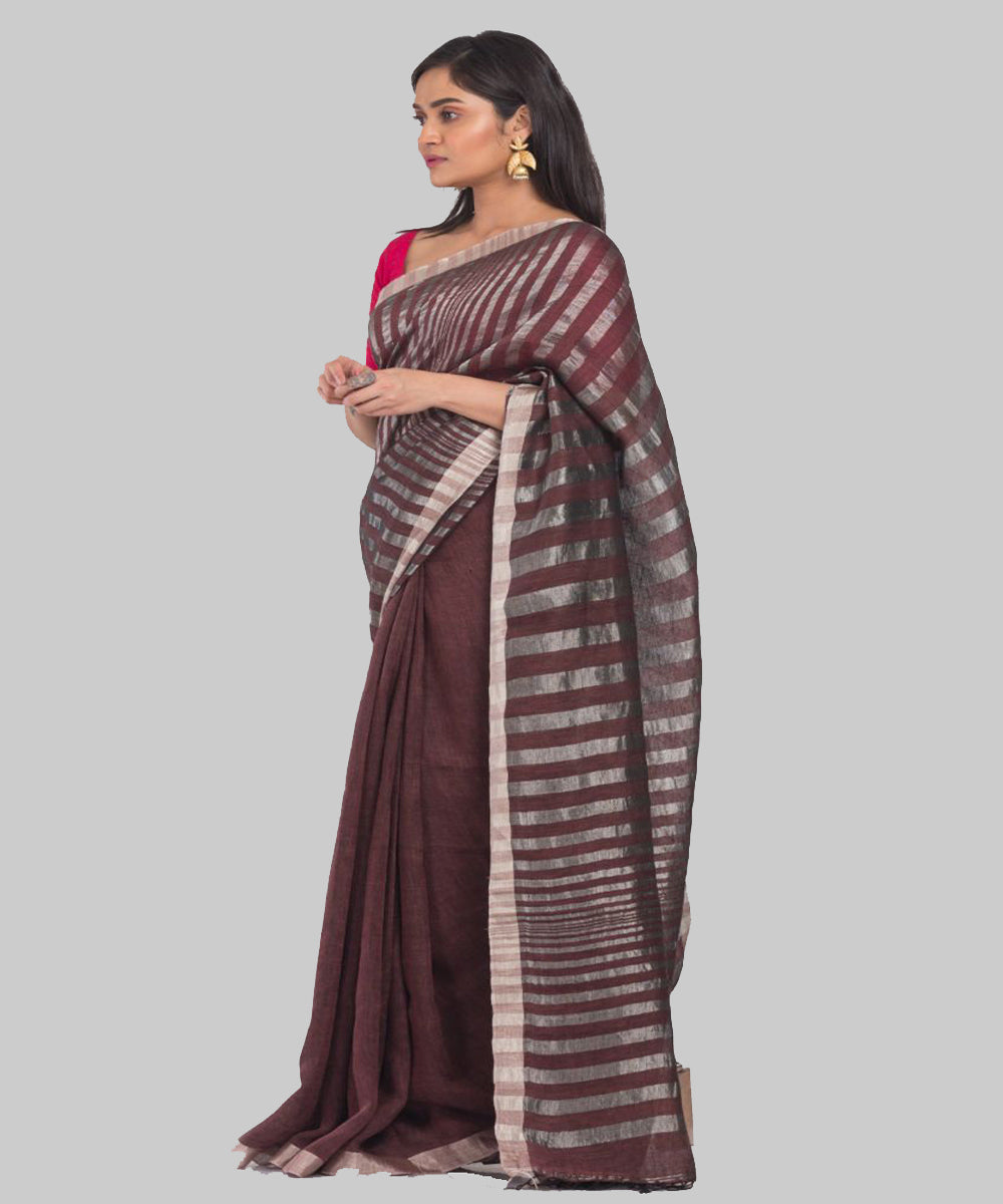 Brown silver handloom bengal linen saree