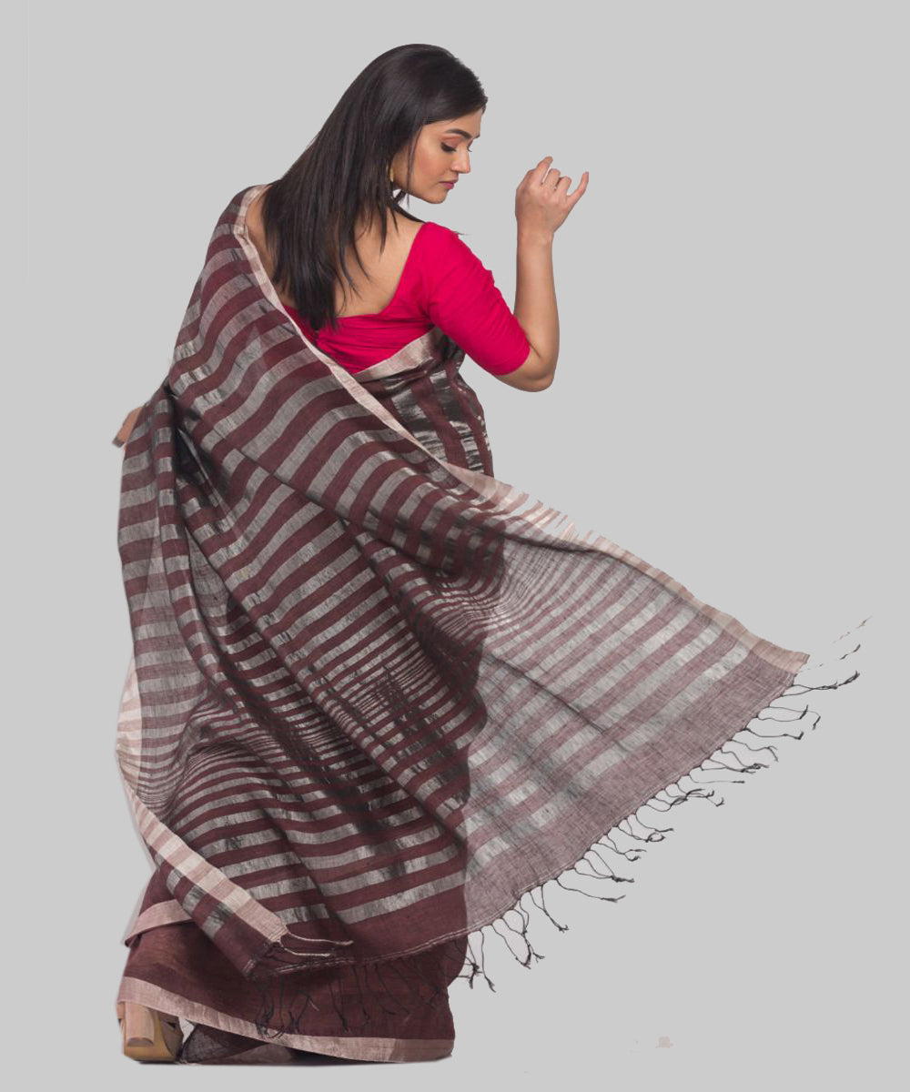 Brown silver handloom bengal linen saree