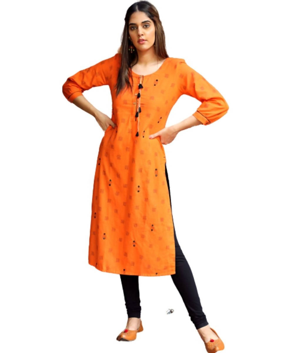 Orange cotton ikat kurti with hand embroidery