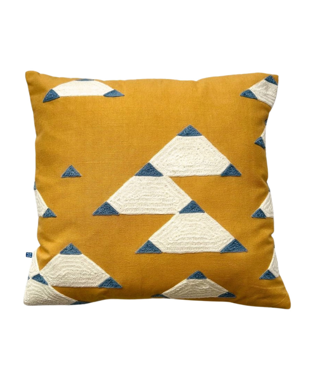 Mustard offwhite hand embroidered cotton cushion cover