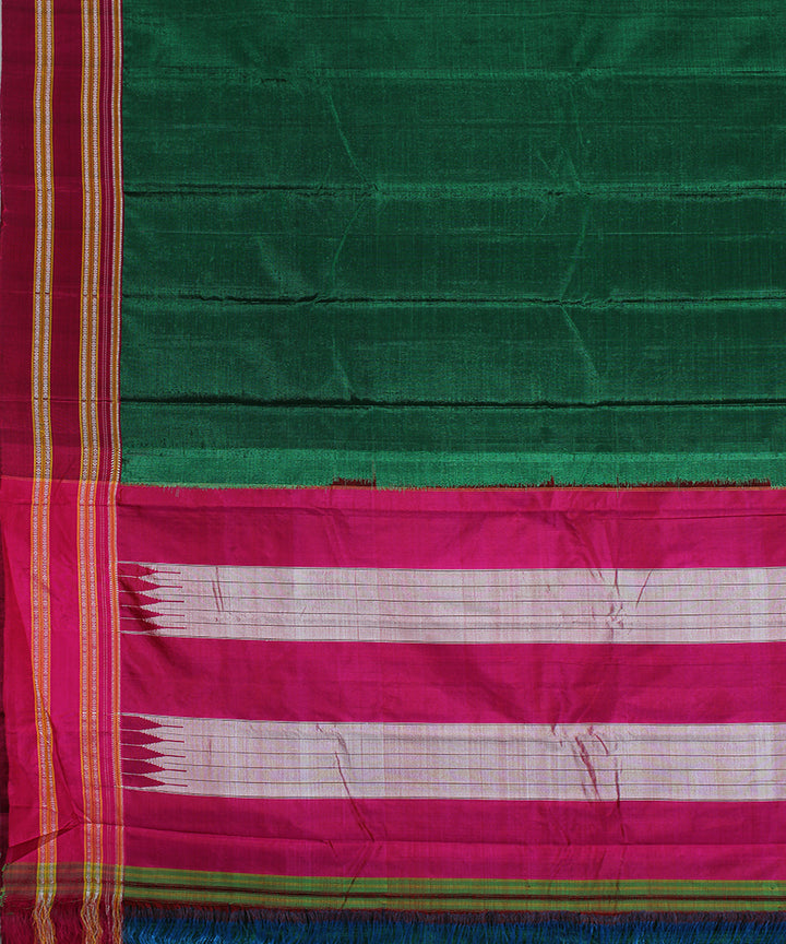 Dark green pink gayatri border handwoven ilkal cotton art silk saree