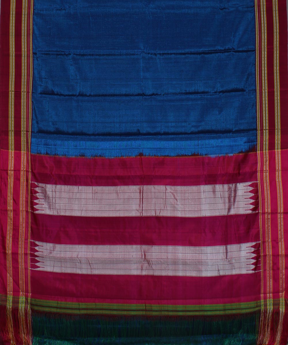Blue plain pink gayatri border handwoven ilkal cotton art silk saree