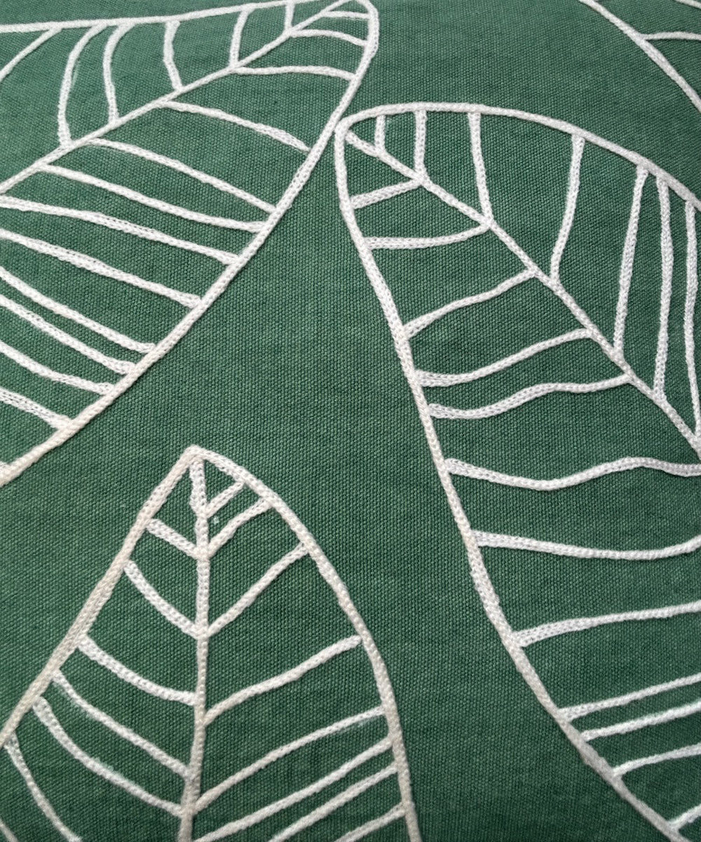 Dark green white hand embroidered cotton cushion cover