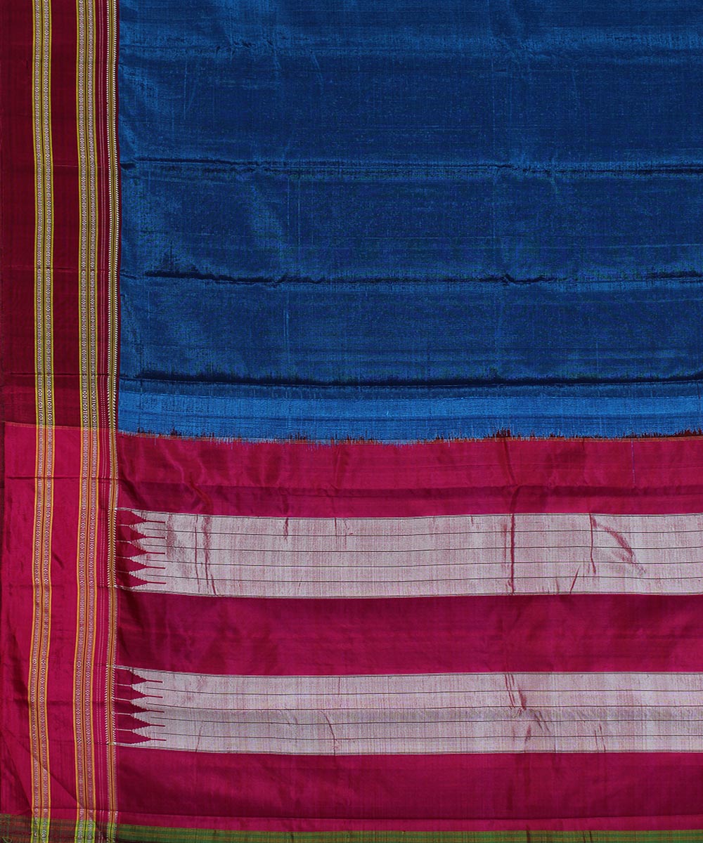 Blue plain pink gayatri border handwoven ilkal cotton art silk saree