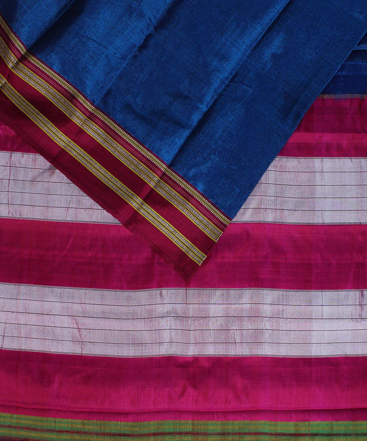 Blue plain pink gayatri border handwoven ilkal cotton art silk saree