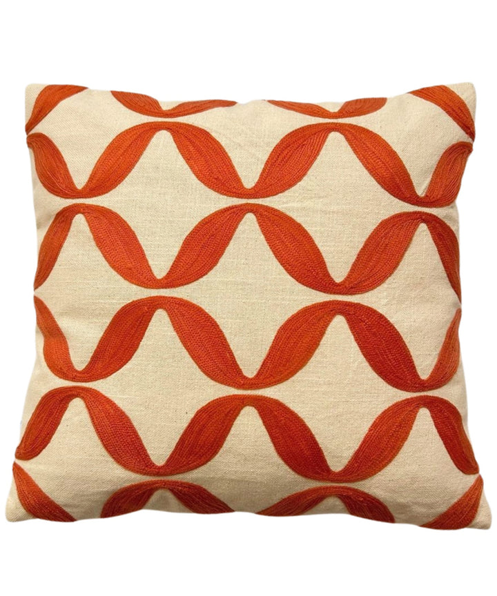 Orange cream hand embroidered slub cotton cushion cover