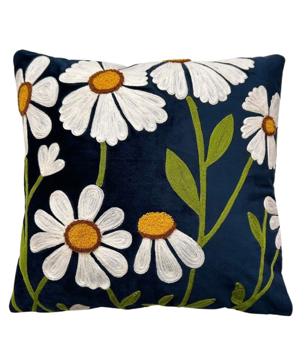 Navy blue white hand printed silk velvet cushion cover