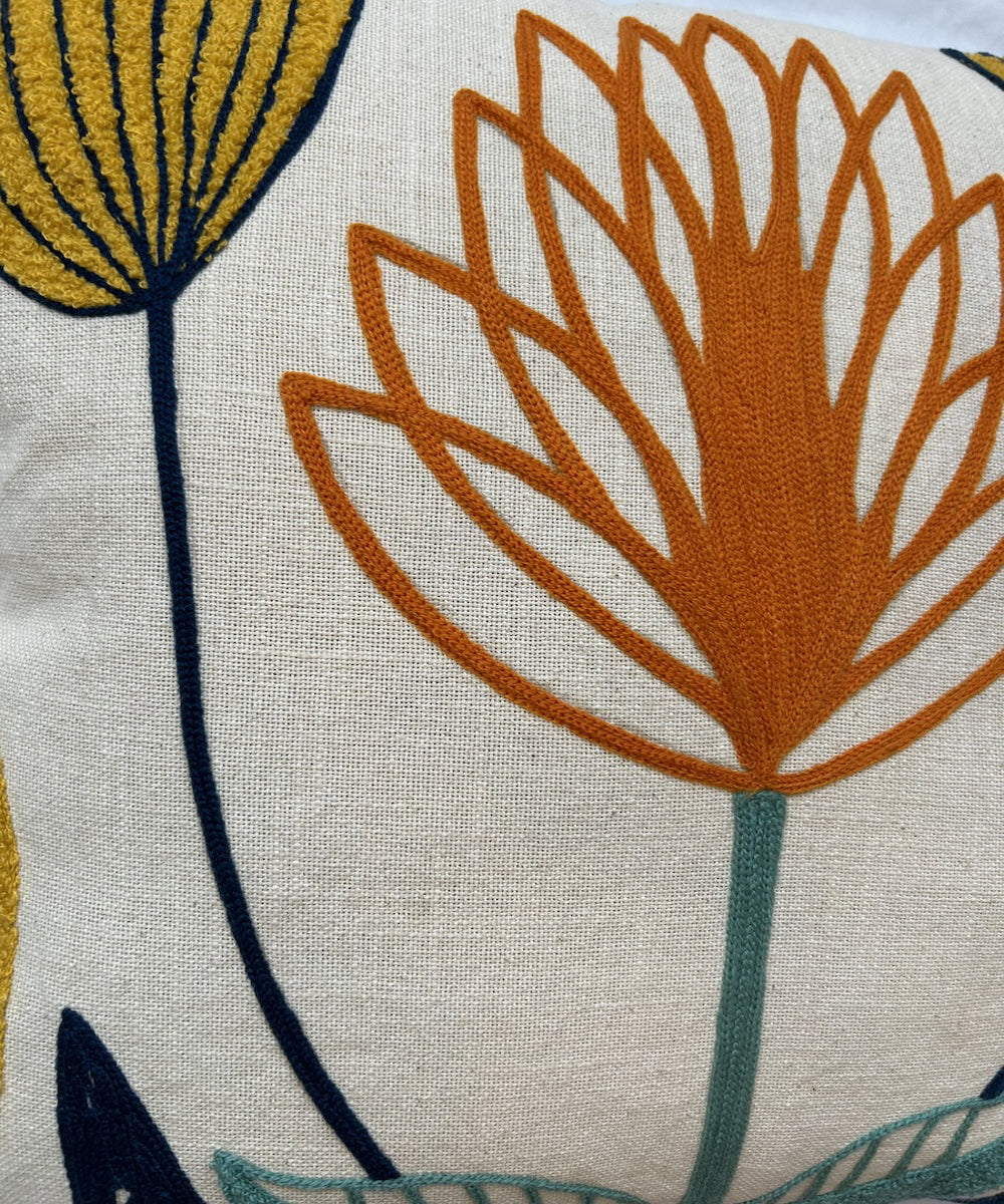 Cream orange hand embroidered slub cotton cushion cover