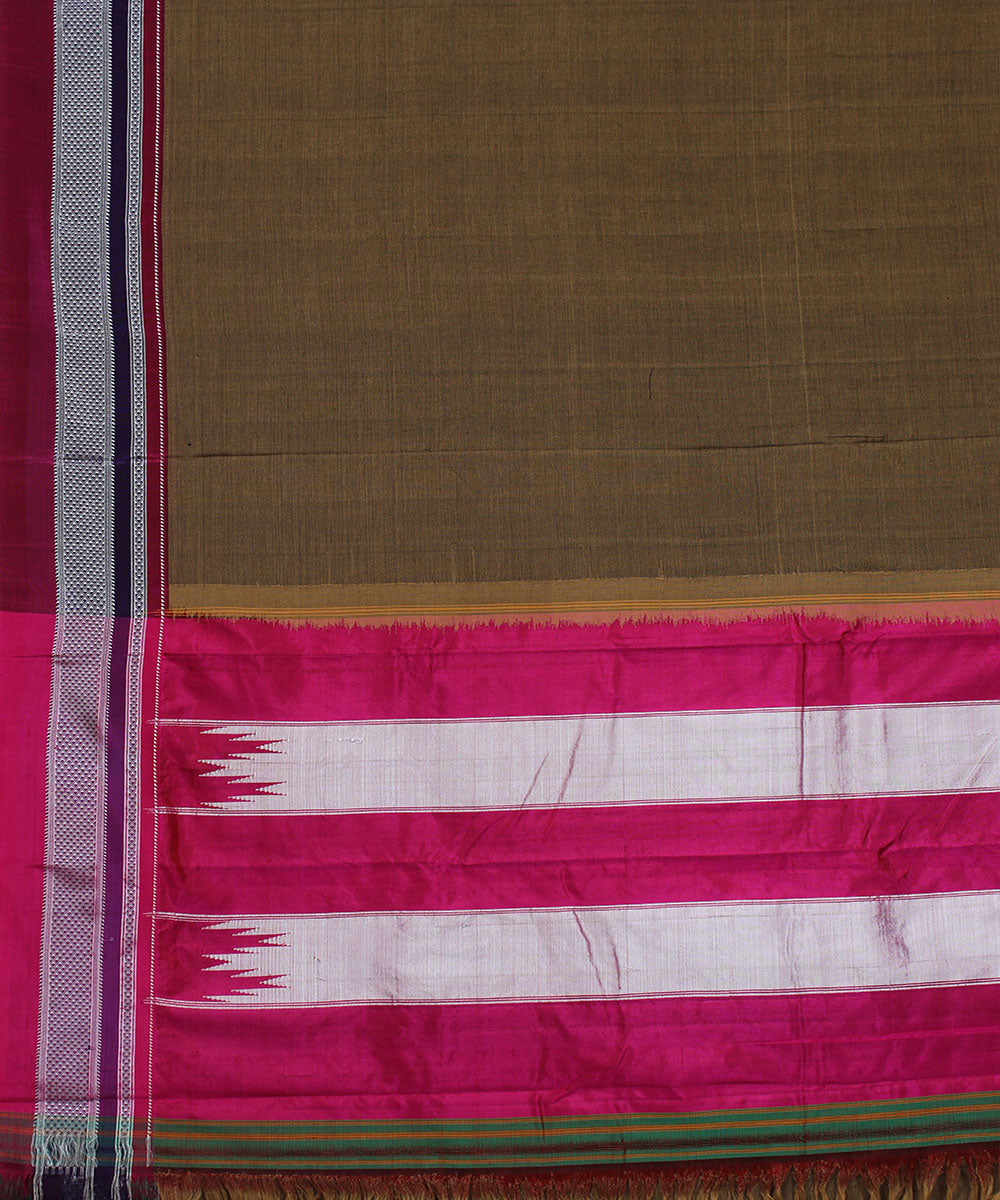 Brown pink chikki paras border handwoven ilkal cotton silk saree