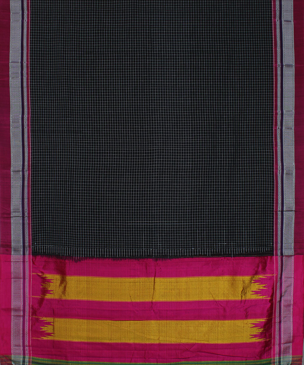 Black check pink chikki paras border handwoven ilkal cotton silk saree