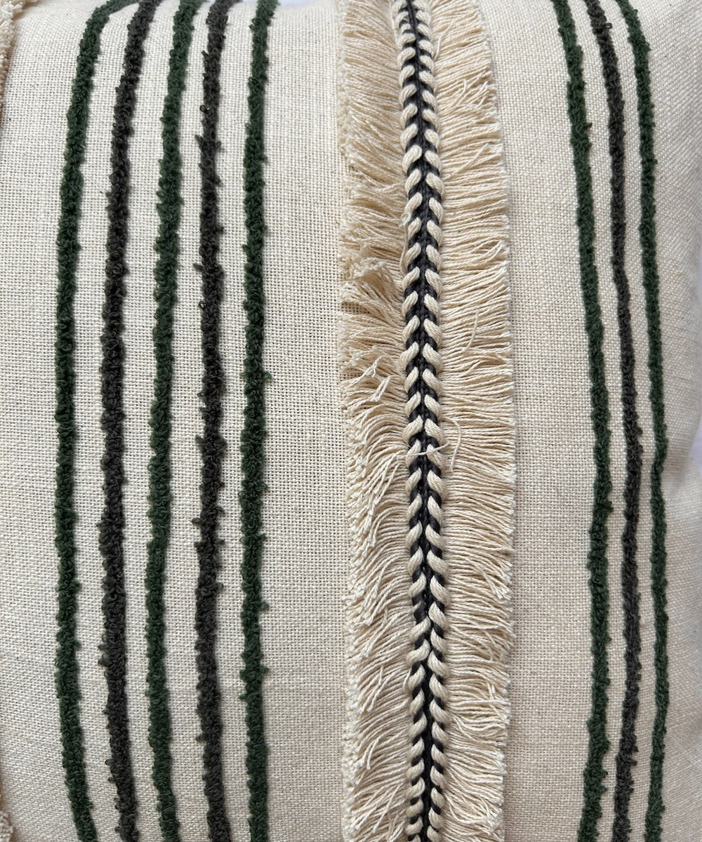 Cream green stripe hand embroidered slub cotton cushion cover