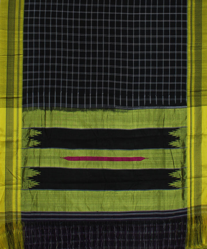 Black check yellow gayatri border handwoven ilkal cotton silk saree