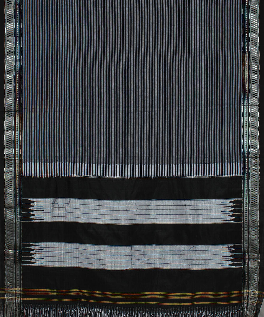 Black grey stripes black chikki paras border ilkal cotton silk saree