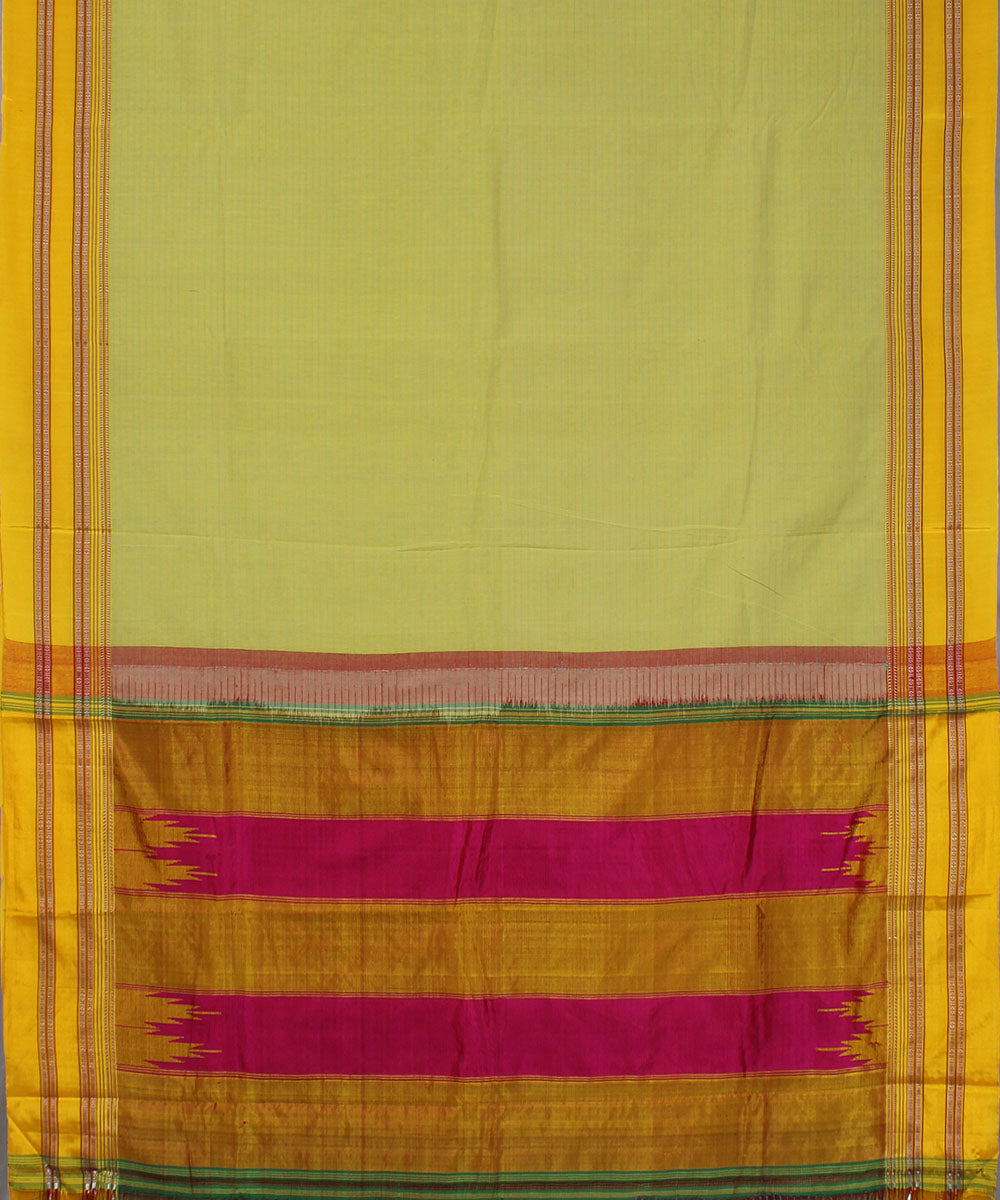 Lime green stripes yellow gayatri border ilkal cotton silk saree