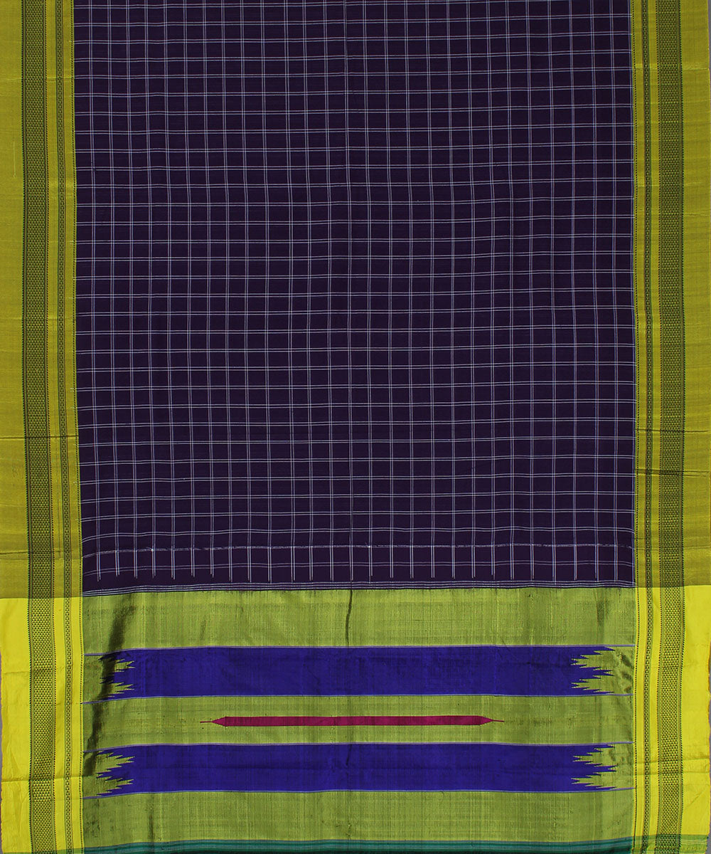 Purple check yellow chikki paras border ilkal cotton silk saree