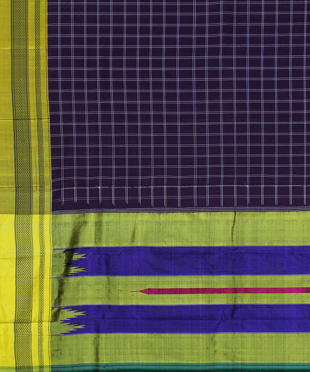Purple check yellow chikki paras border ilkal cotton silk saree