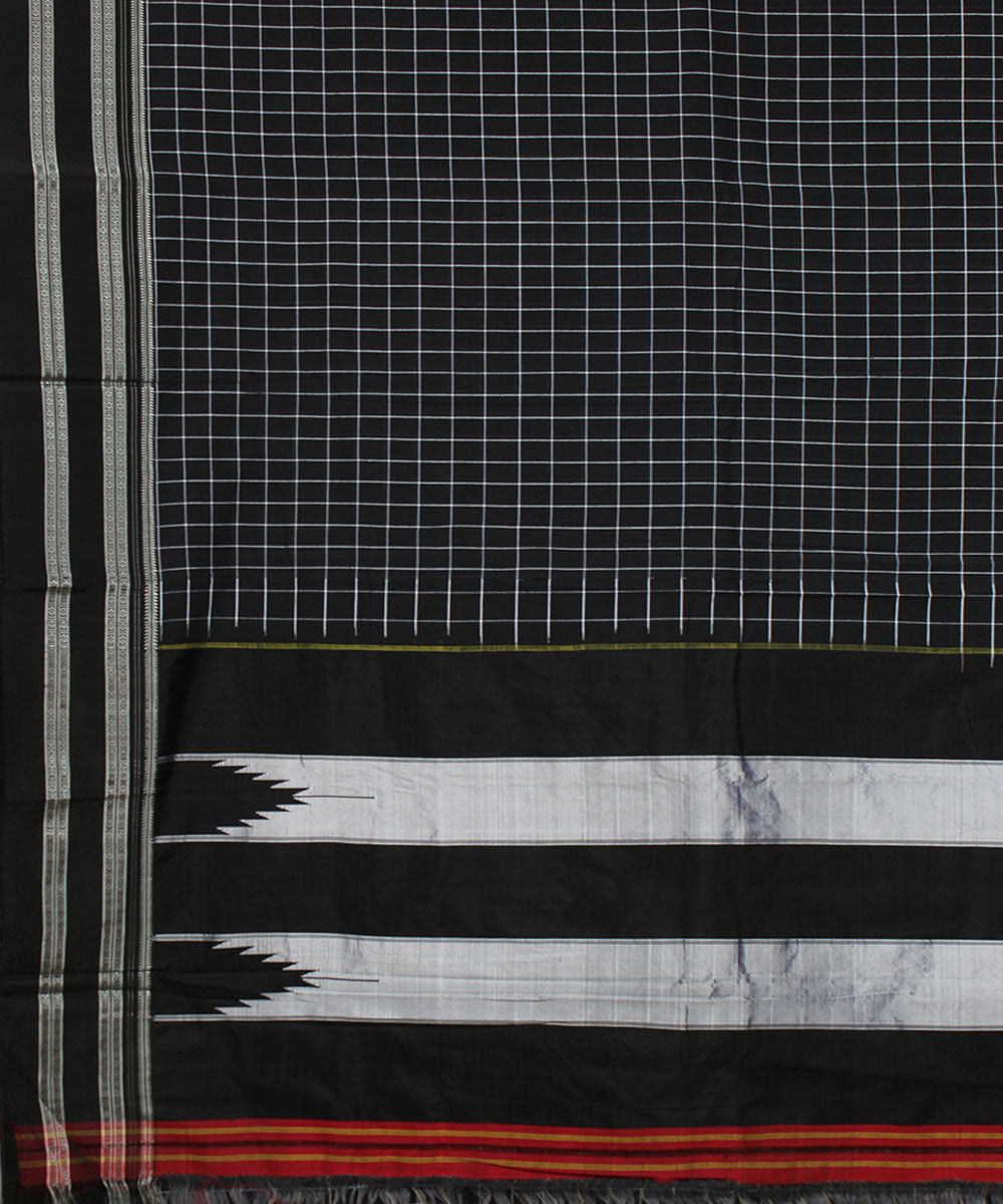 Black checks black gayatri border handwoven ilkal cotton silk saree