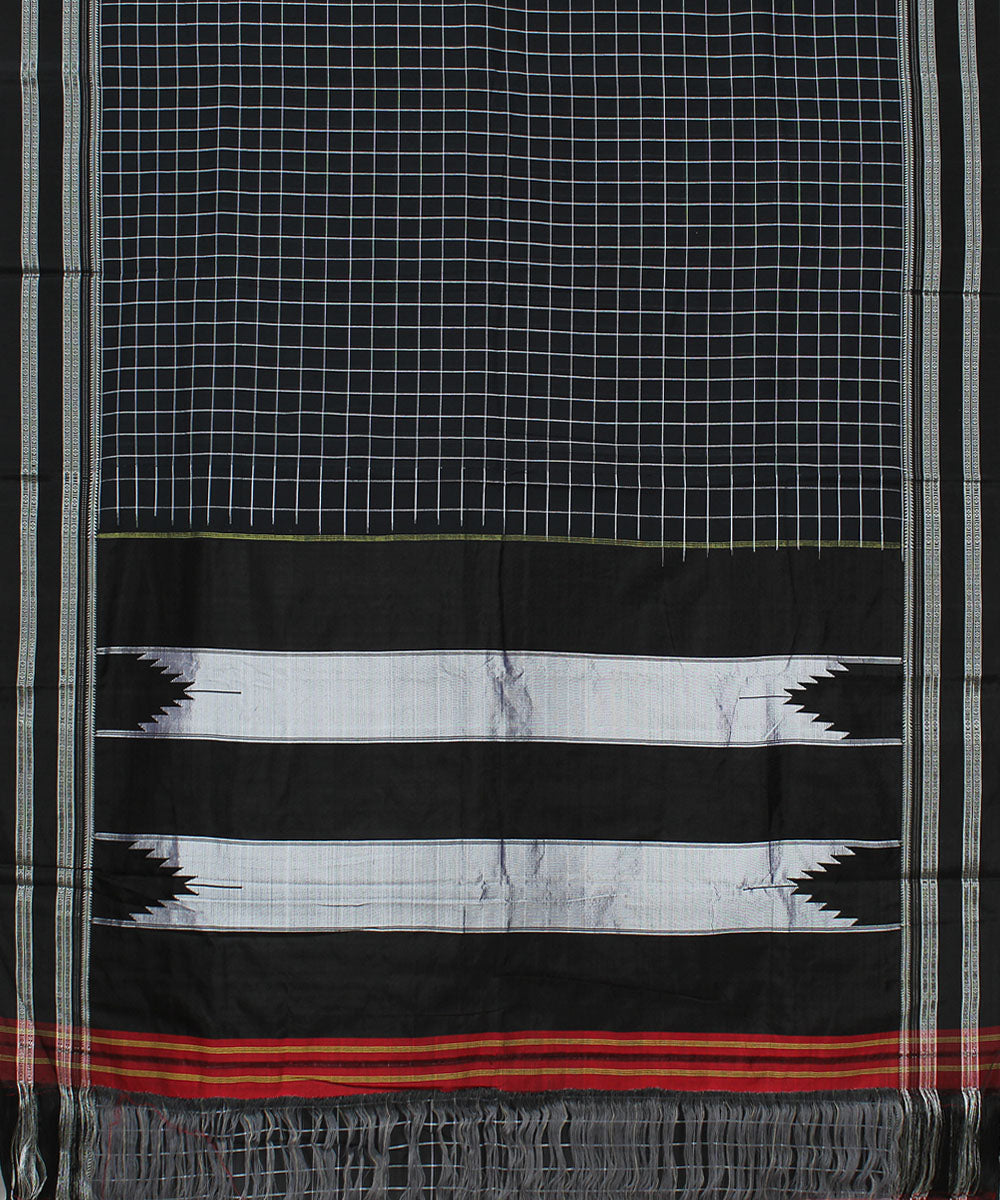 Black checks black gayatri border handwoven ilkal cotton silk saree