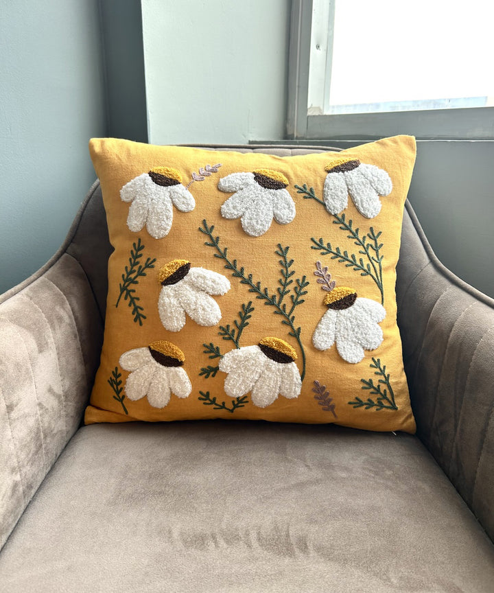 Mustard hand printed cotton cushion cover