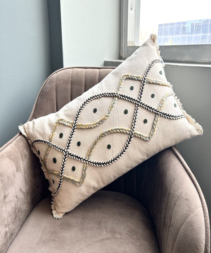 Cream slub cotton hand embroidered cushion cover