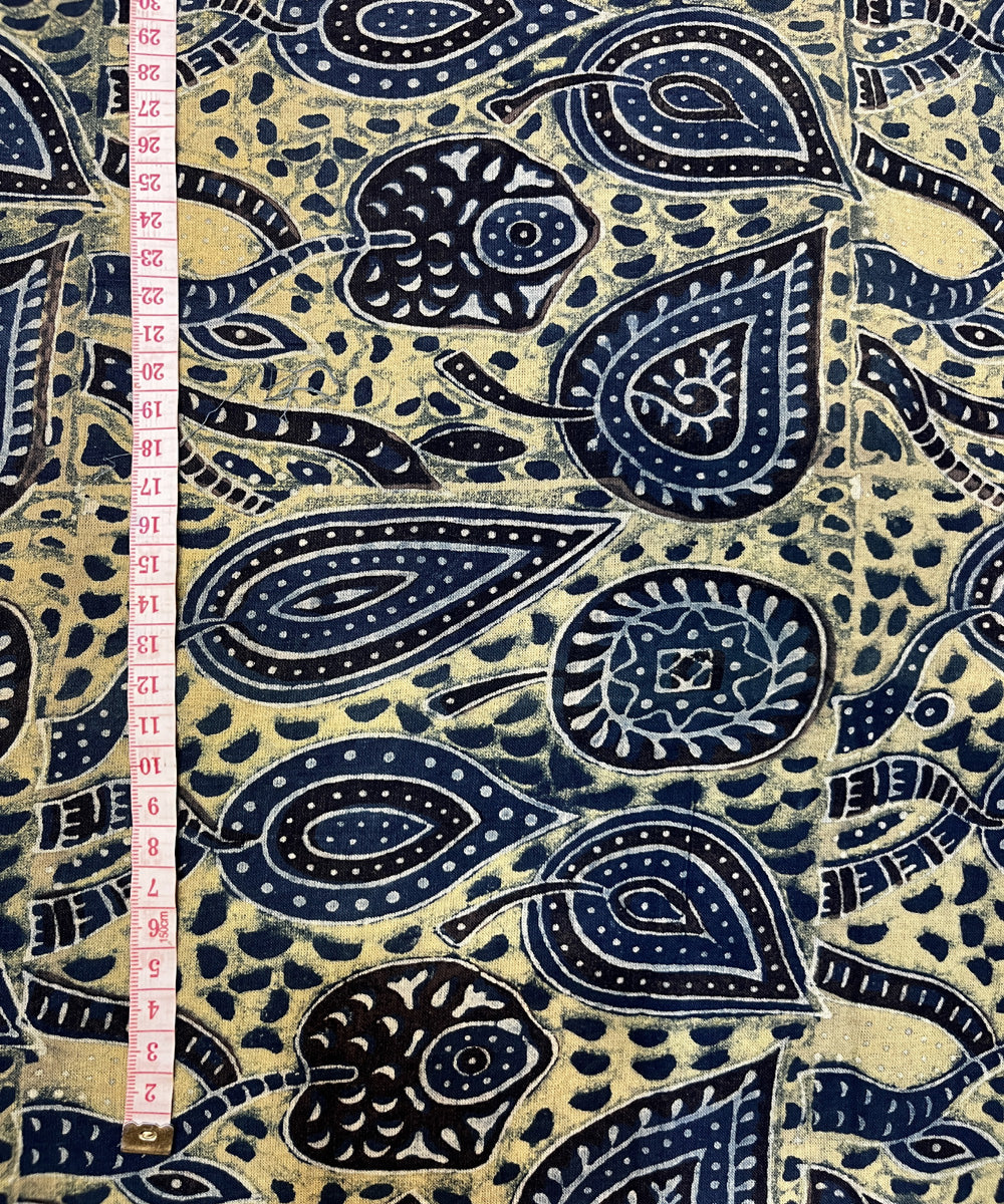 Beige blue natural dyed hand block printed cotton ajrakh fabric