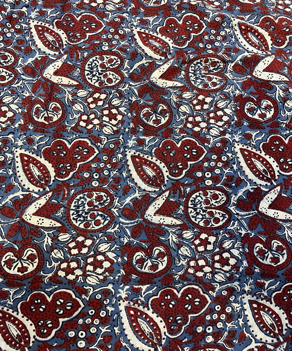 Blue maroon natural dyed hand block printed ajrakh cotton fabric