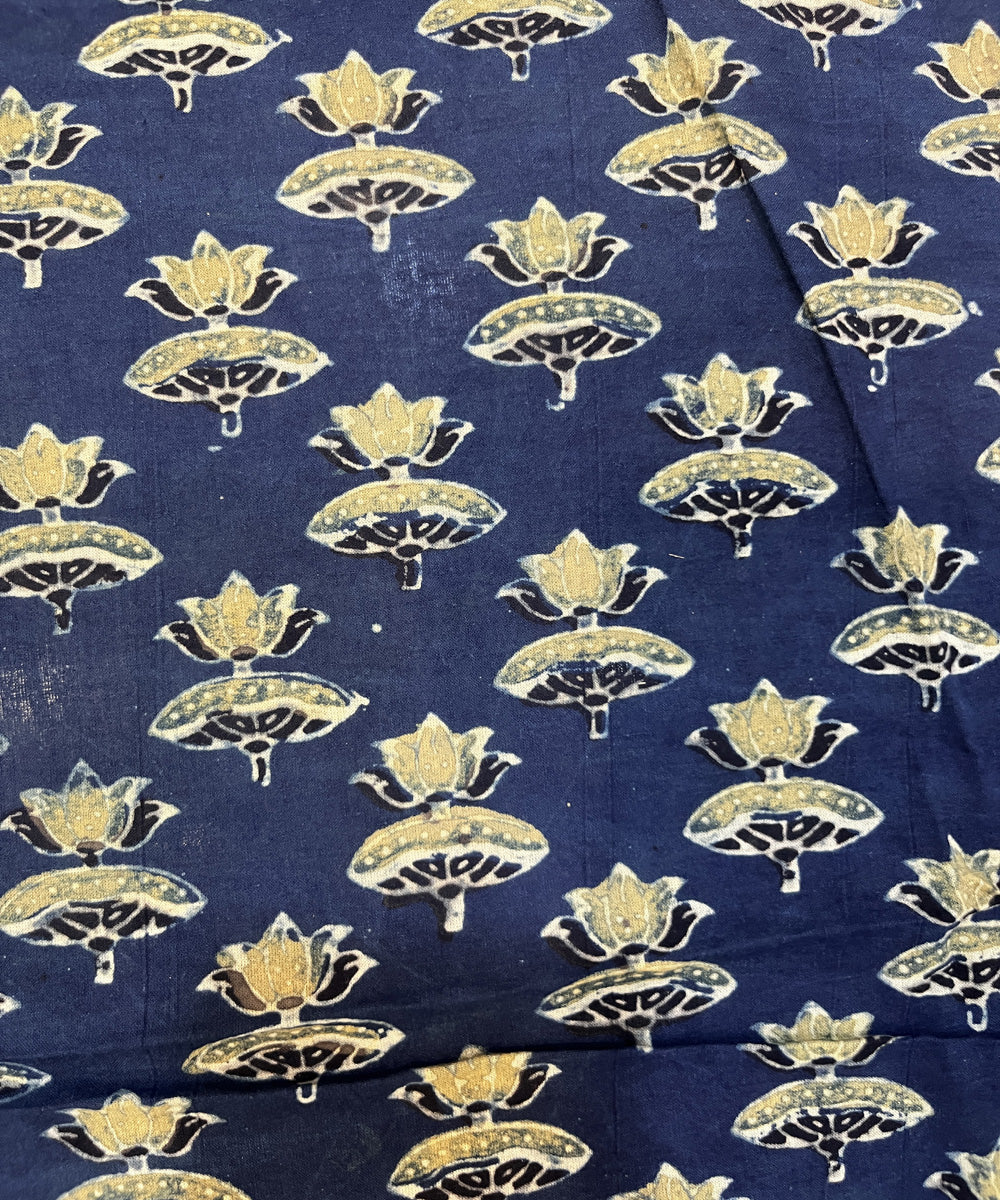 Beige blue natural dyed ajrakh cotton hand block printed fabric