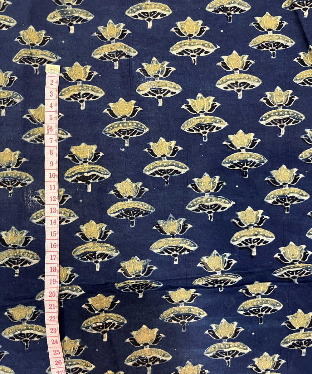 Beige blue natural dyed ajrakh cotton hand block printed fabric