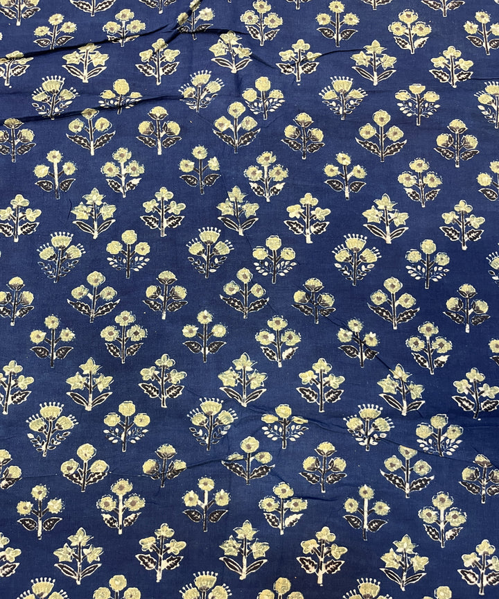 Beige blue natural dyed hand block printed ajrakh cotton fabric
