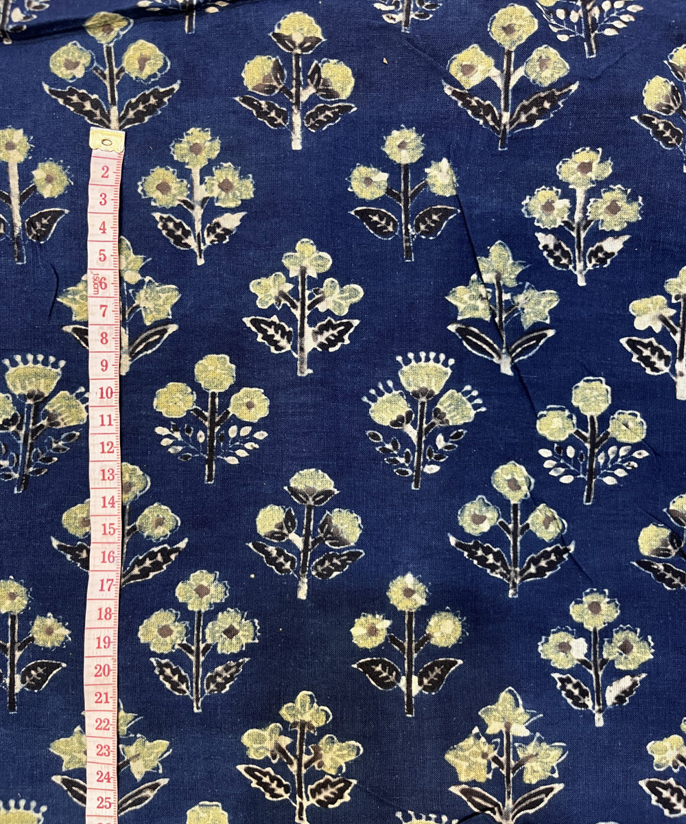 Beige blue natural dyed hand block printed ajrakh cotton fabric