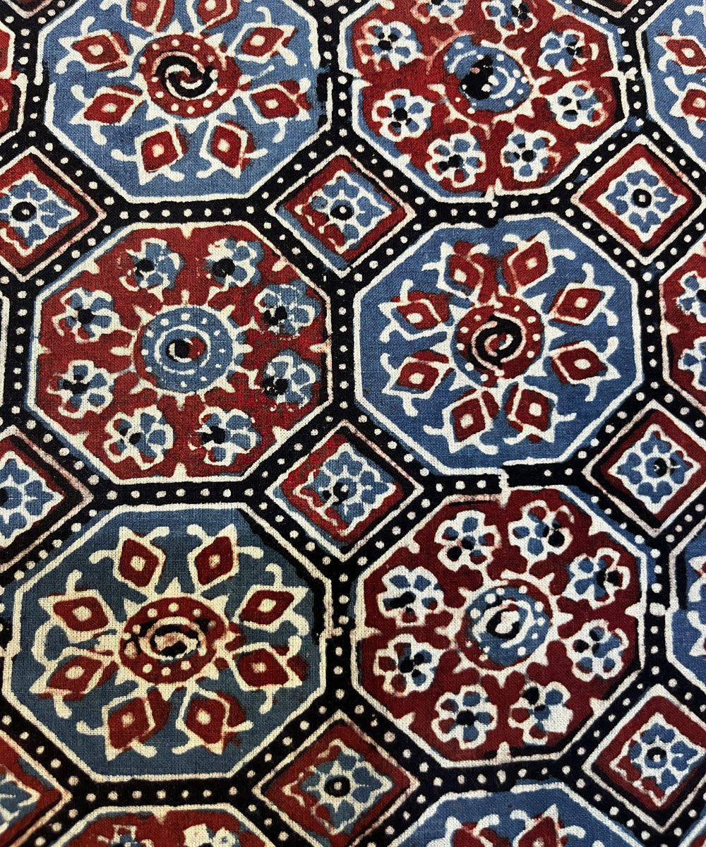 Blue red natural dyed hand block printed ajrakh cotton fabric