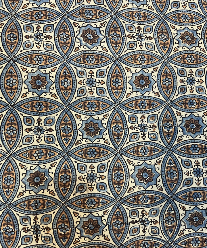 Blue beige natural dyed hand block printed ajrakh cotton fabric