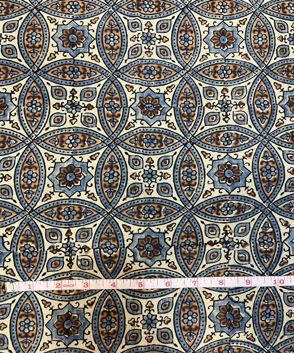 Blue beige natural dyed hand block printed ajrakh cotton fabric