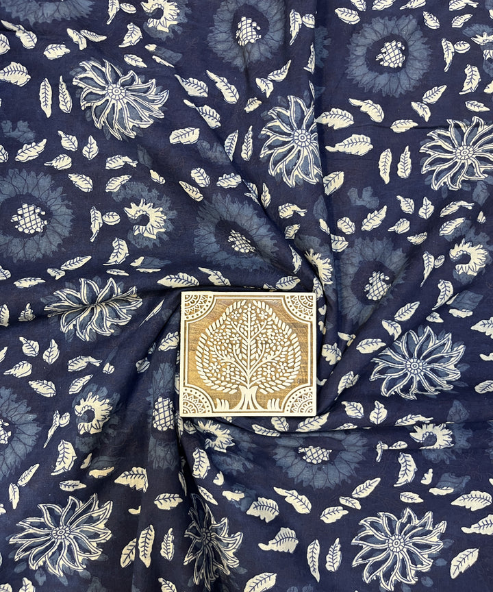Indigo offwhite natural dyed hand block printed cotton fabric