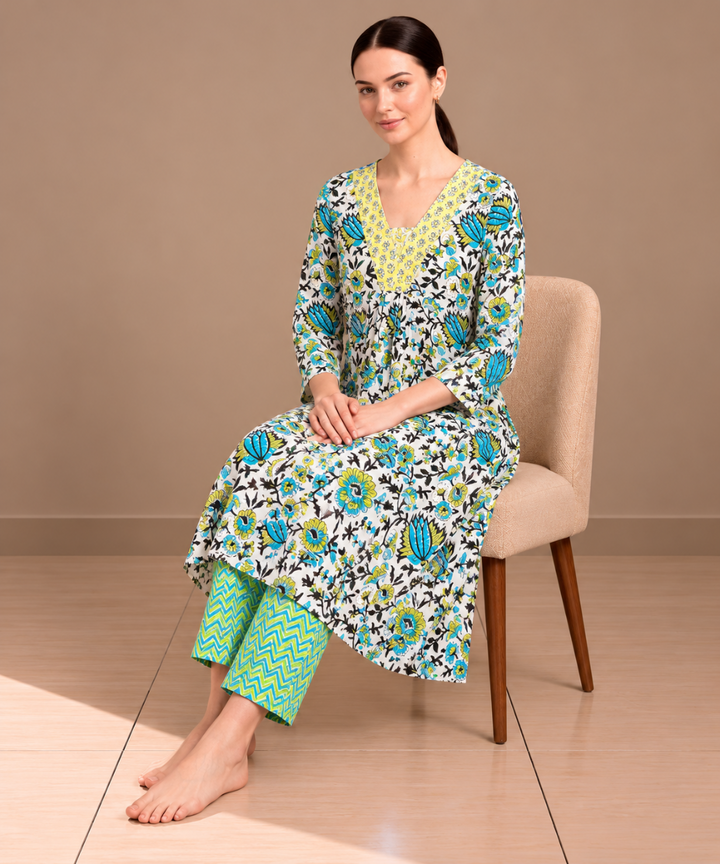 Green yellow hand block printed A line cotton Kurta set