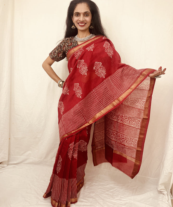 Red hand block bagru print maheswari sico saree