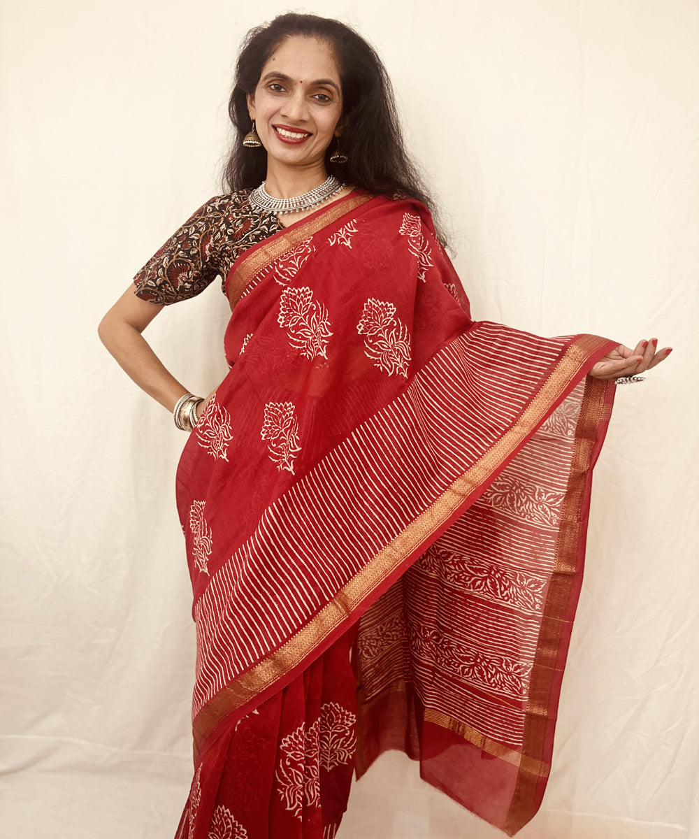 Red hand block bagru print maheswari sico saree