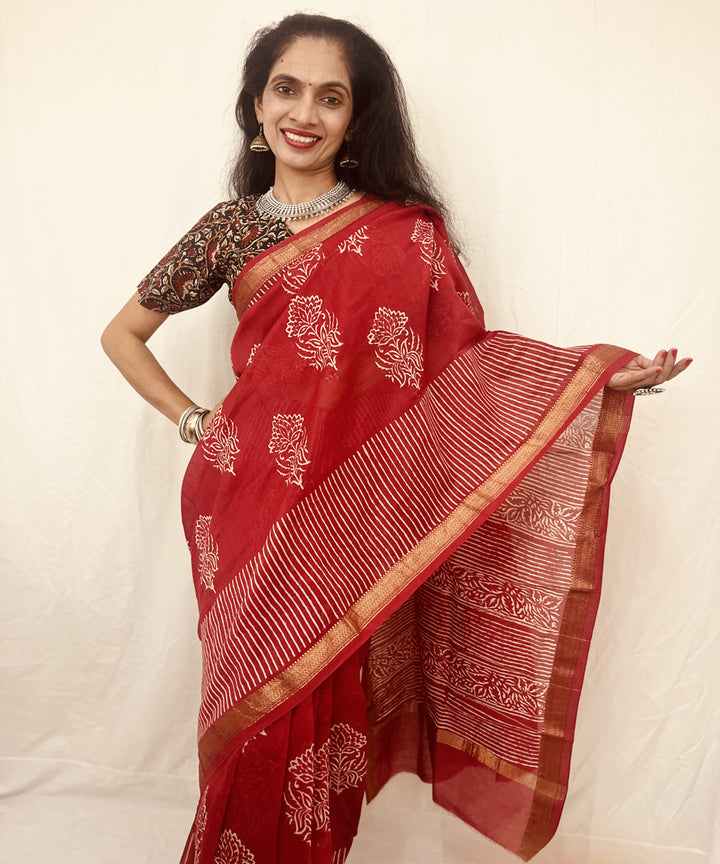 Red hand block bagru print maheswari sico saree