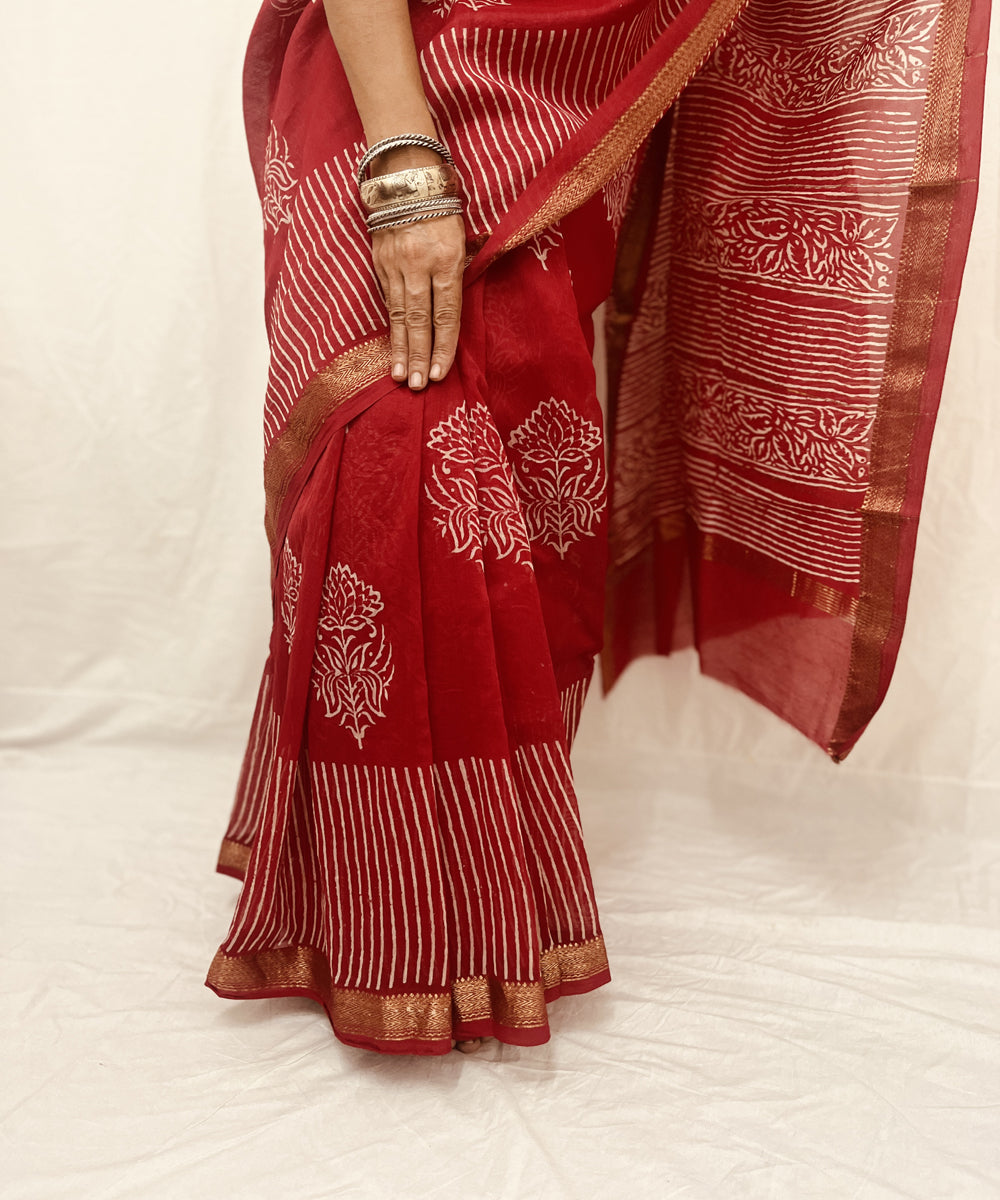 Red hand block bagru print maheswari sico saree