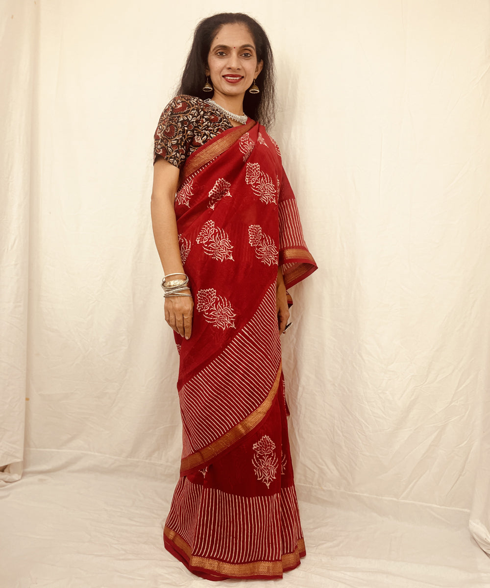 Red hand block bagru print maheswari sico saree