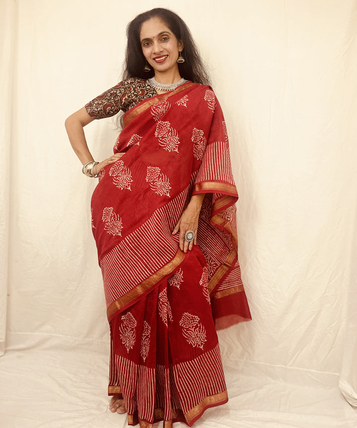 Red hand block bagru print maheswari sico saree