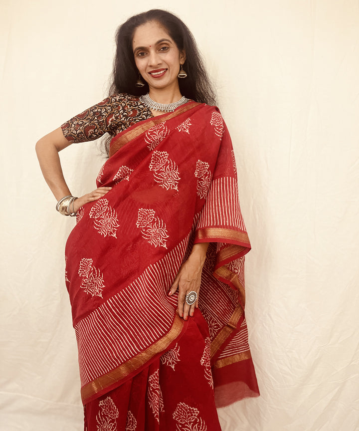 Red hand block bagru print maheswari sico saree