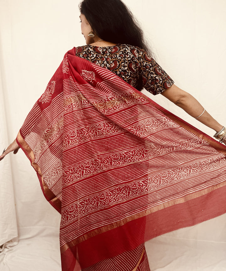 Red hand block bagru print maheswari sico saree