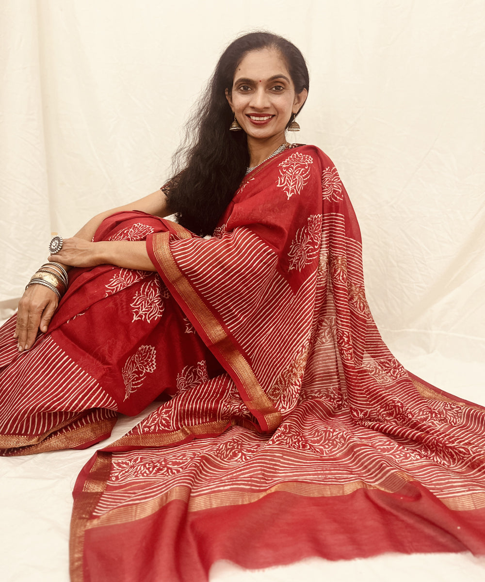 Red hand block bagru print maheswari sico saree