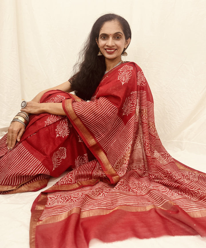 Red hand block bagru print maheswari sico saree