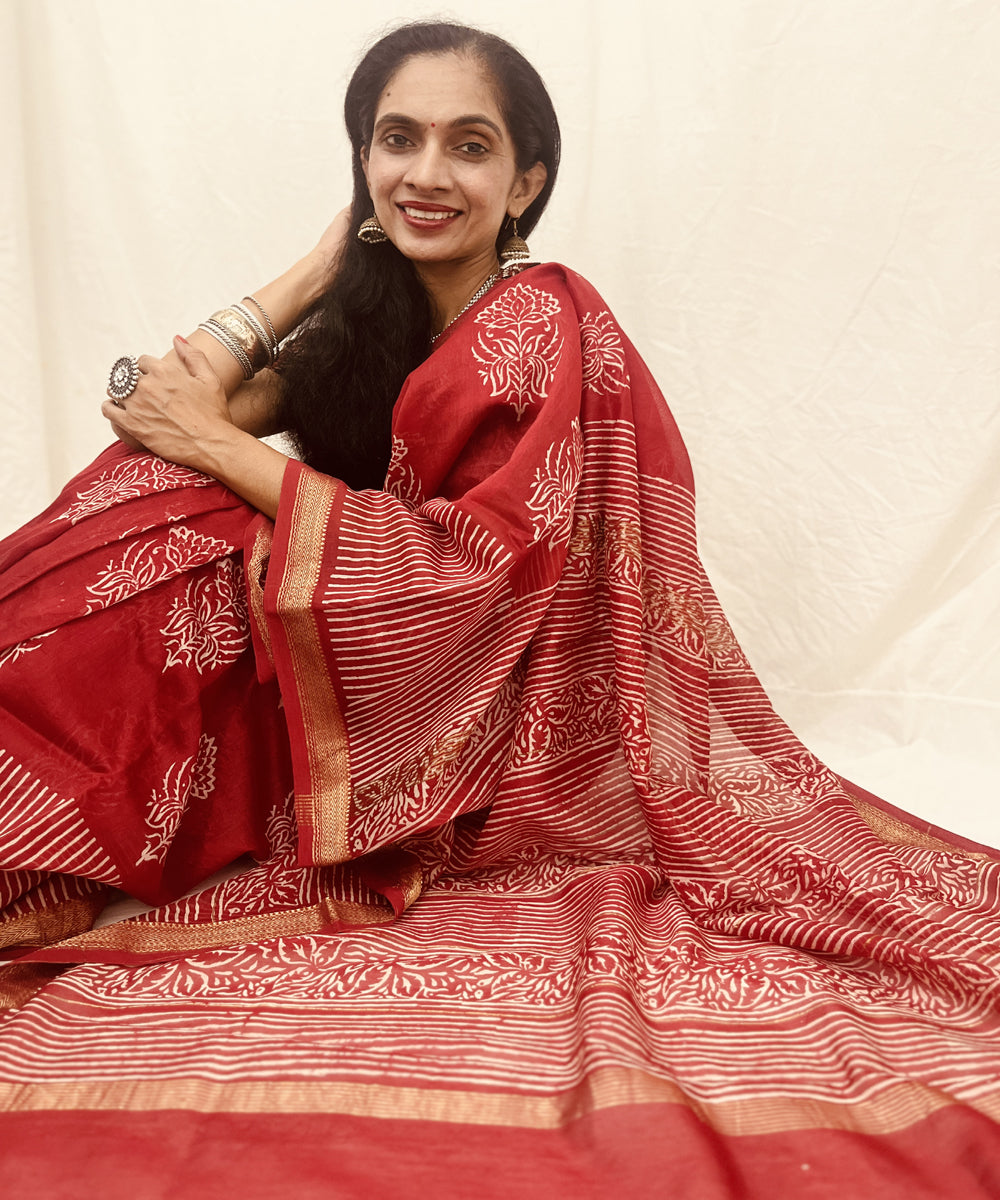 Red hand block bagru print maheswari sico saree