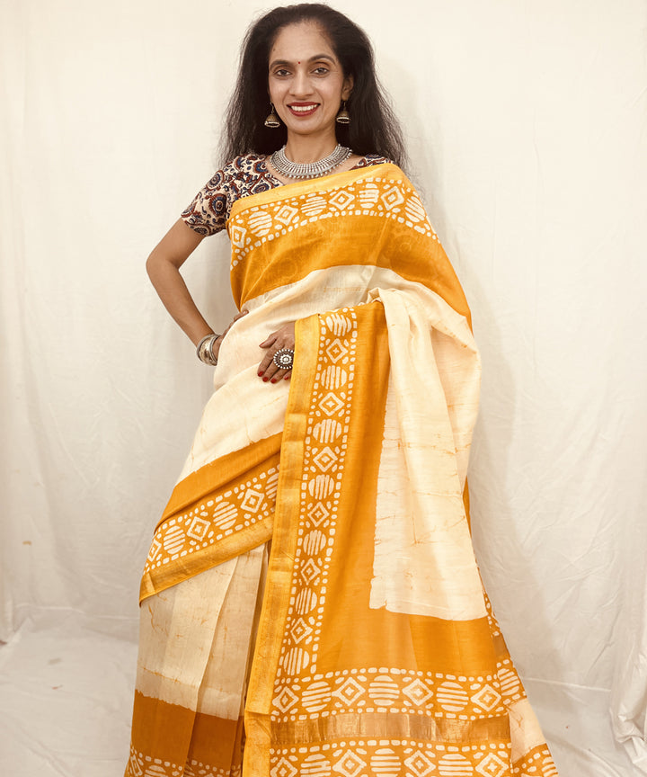 Offwhite golden hand block bagru print maheswari sico saree